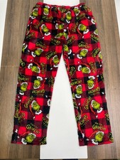 Dr Seuss Adult LG Red Plaid "Just Be A Grinch" Pajama Pants Fleece jams PJs Soft