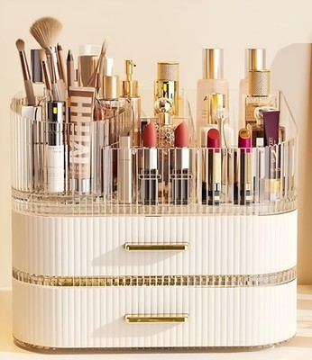 Large Makeup Organizer with Rotating Brush Holder for Cosmetics  Skincare