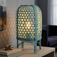 Tischlampe Tischleuchte Wohnzimmerlampe Leseleuchte Bambus Geflecht Blau LED