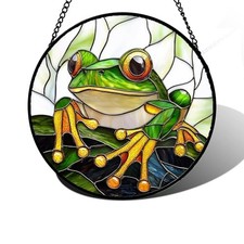 Stained Glass Window Hanging, Green Frog White Petals 7.8x7.8 IN White Green