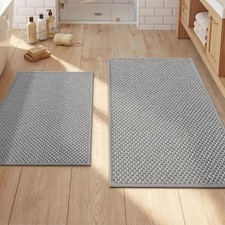 2 PCS Grey Thin Bath Mat Set Non Slip Absorbent Bathroom Rug 17x24 17x32 Inch