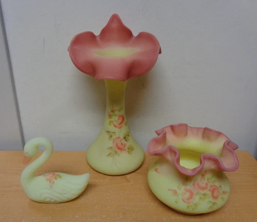 3 Fenton Vintage Burmese Satin roses Jack-In The-Pulpit vase bowl swan uranium