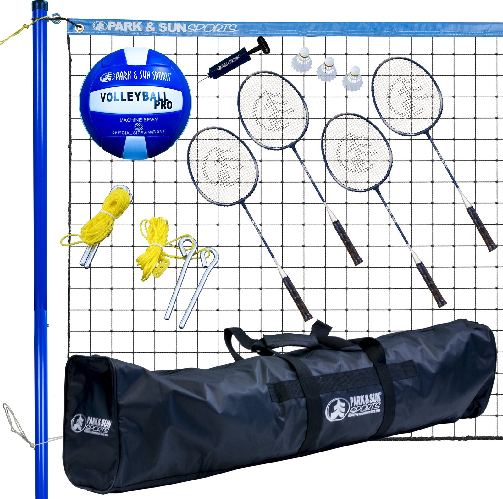 Volley Sport Combo Set: Portable Outdoor Badminton/Volleyball Net System, Blu...