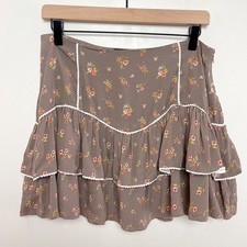 Brown Ruffle Mini Skirt Large Floral Tiered Cottage Feminine Festival Soft Girl