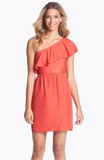JENNY YOO Lulu Ruffled One Shoulder Sheath Dress Sz 14 Coral