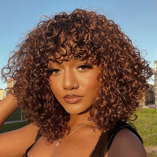 Short Curly Wig with Bangs Human Hair for Women Ombre Brown 10 inch Short Wat...