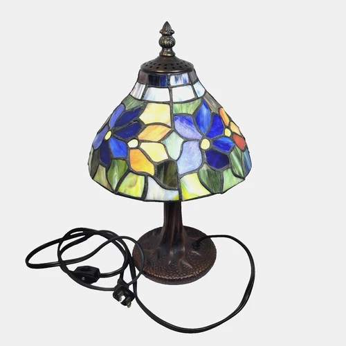 Vintage 1999 Tiffany Style Stained Glass Table Lamp with Weighted Tree Lamp Base