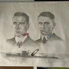 WW2 U Boat & 2 RKT Officers Pencil Sketch By D Allardyce 1997 Measures 40*39cm