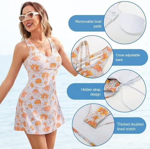 Mujer Vestido de Natación Disfraz de Natación Bulit Bikini Parte Inferior Control Abdomen - Imagen 8 de 29