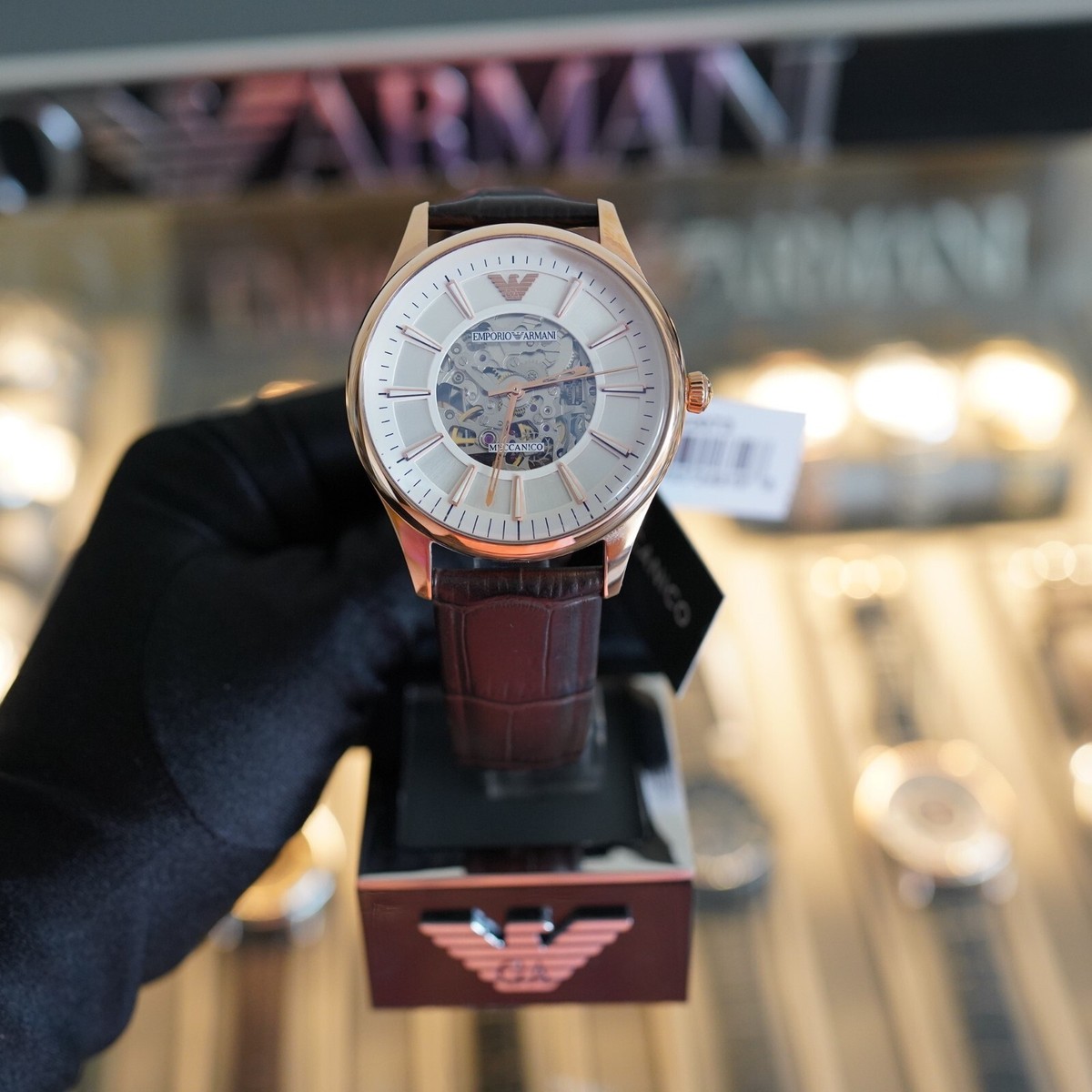 EMPORIO ARMANI AR2073 BROWN LEATHER STRAP AND ROSE GOLD MEN'S