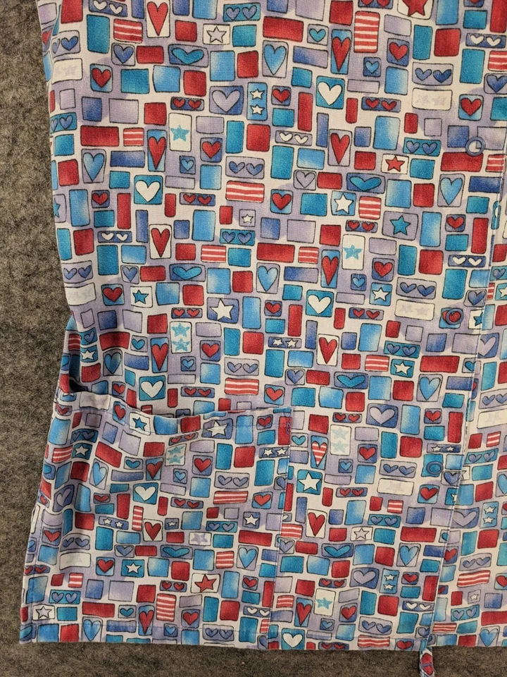 Simply Basic Scrub Top Women Small Blue Red White Hearts Stars Print Snap Front - Image 3 of 4