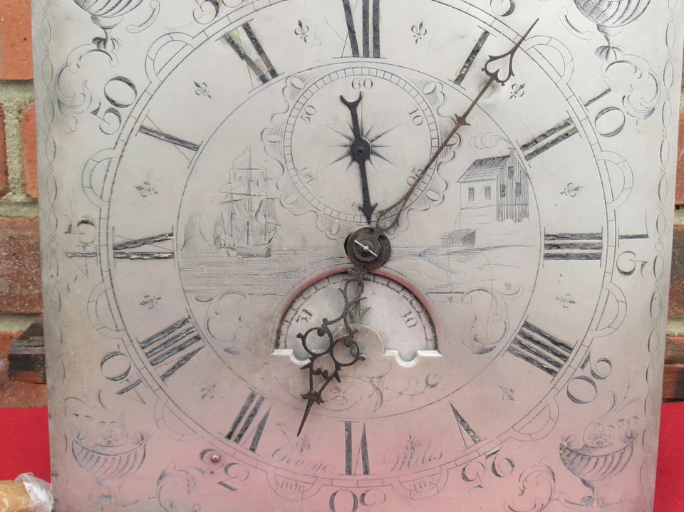 18thC GEORGE MILES HORTON Sailing Ship Silvered Long Case Clock Dial & Mmt a/f   - Image 2 of 4