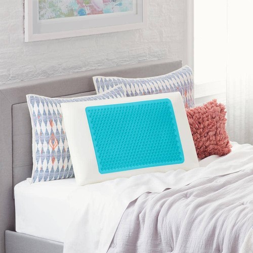 Comfort Revolution Bed Pillow Queen Gel Memory Foam Rectangle in White/Blue - Picture 3 of 6
