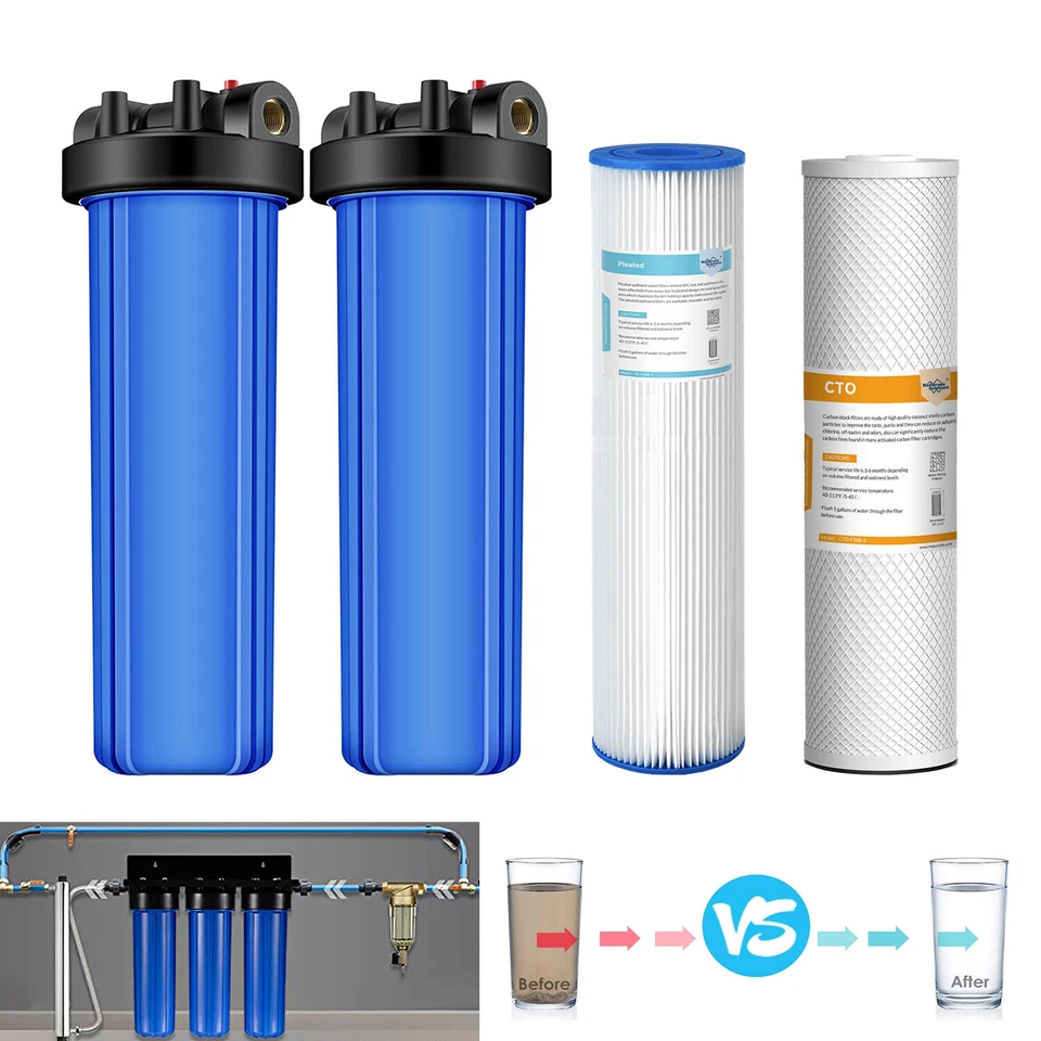 Carcasa de filtro de agua para toda la casa azul grande de 20 pulgadas de 2 etapas PP sedimentos CTO carbono