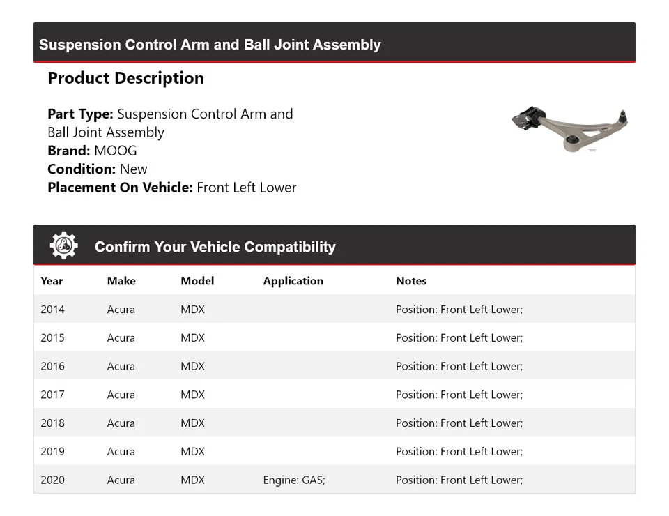 Conjunto de rótula de brazo de control delantero izquierdo inferior MOOG para Acura MDX 2014-2020 Foto 2 de 4