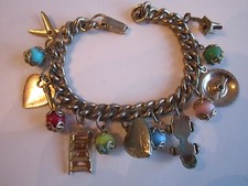VINTAGE SILVER PLATED CHARM BRACELET - 14 CHARMS - HEAVY - 6 1/2" LONG