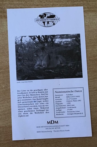 Cook Inseln 5 Dollars 1996 Löwe Silber PP mit Zertifikat - Bild 4 von 4