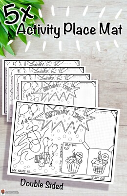5x Handmade, Activity placemat, Birthday Cake, A4, Children, kids, table setting