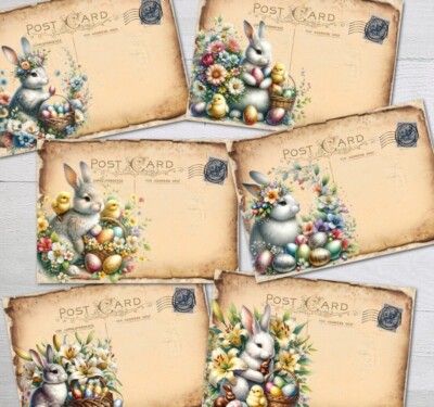 Hasen & Folieneier Ostern Postkarten Vintage Tatty Style mit/ohne Umschläge