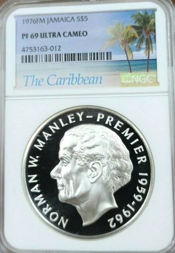 1976 JAMAICA SILVER 5 DOLLARS NORMAN W MANLEY PREMIER NGC PF 69 ULTRA CAMEO