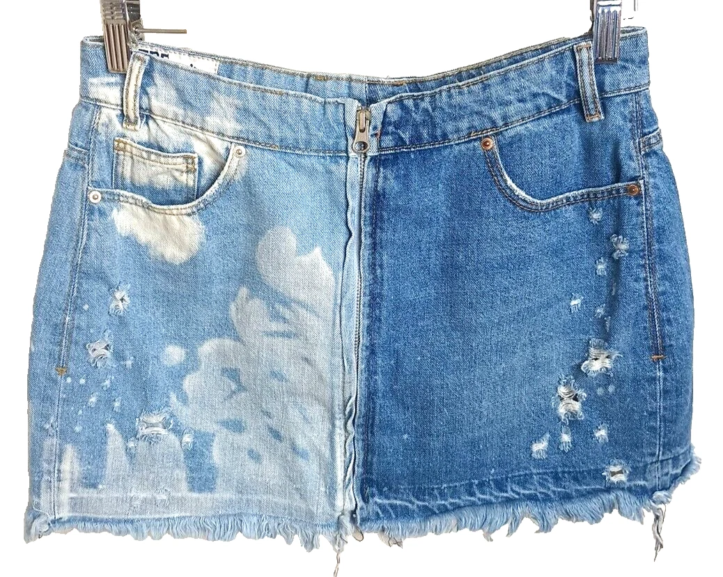 Zara TRF IX’D Makers Two-Tone Denim Mini Skirt M 28 Distressed Zip Edgy Y2K Grun