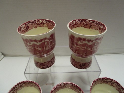 Antikes Freimaurer VISTA PINK Transfergeschirr Set 5 Doppel Eierbecher England 1900’s 3" w - Bild 2 von 13