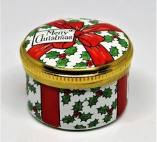 CRUMMLES ENGLISH ENAMEL BOX- VINTAGE "MERRY CHRISTMAS" PRESENT & RED BOW - HOLLY