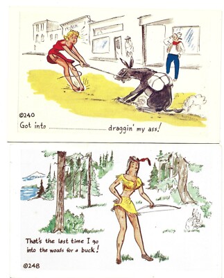 2 Vintage Old 1960s Comic Cards Postcards Female Girl Jokes Humor Kromekolor 