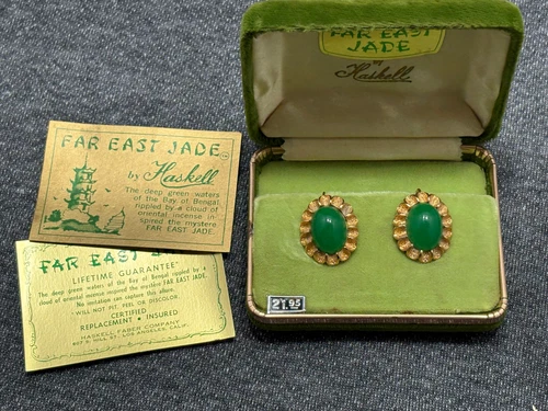 Vintage Miriam Haskell Vintage Faux Jade Gilt Brass Screw Back Clip On