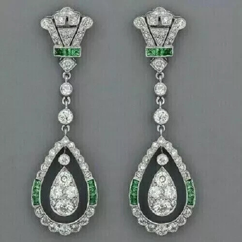 Art Deco Vintage Lab Created Diamond & Emerald 14K White Gold FN Drop Earrings