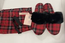 VICTORIA'S SECRET BLACK RED PLAID FUZZY COZY SATIN SLIPPERS Small 5/6 With Pouch