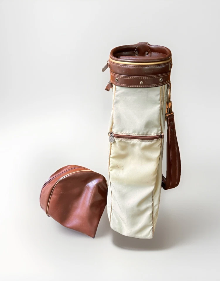 Винтажная сумка для гольфкара Dunlop 6-позиционный разделитель коричневая желтовато-коричневая кожа США носки с капюшоном от дождя - Изображение 4 из 4