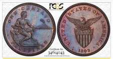 1908 S PHILPPINES 1 CENTAVOS COPPER COIN PCGS MS64BN