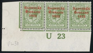 1922 23 THOM SAORSTÁT 9d CONTROL STRIP U 23 Imp. TC 168 MNH/