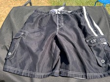 Ocean Pacific Y2K OP Mens Swim Trunks Black White Cargo Pockets Size M 32-34