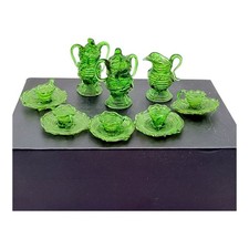 Dollhouse Miniature Green Glass Tea Set For 5 Cup  Saucers Teapot Creamer