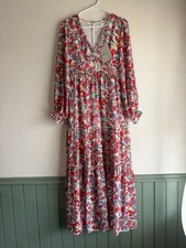 Bohme Maxi Dress Colorful Floral Print V-Neck Long Sleeve Tiered Bohemian S