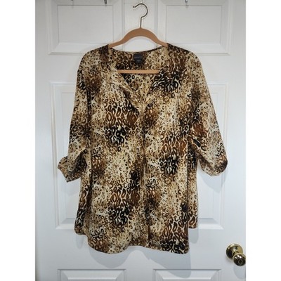 Women's sz 3X Covington Brown Cheetah Print Blouse Button Down Shirt Roll Sleeve