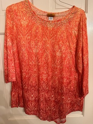 Ruby Rd Womens XL Orange Ombré Abstract Print Rhinestone 3/4 Sleeve Tunic Top