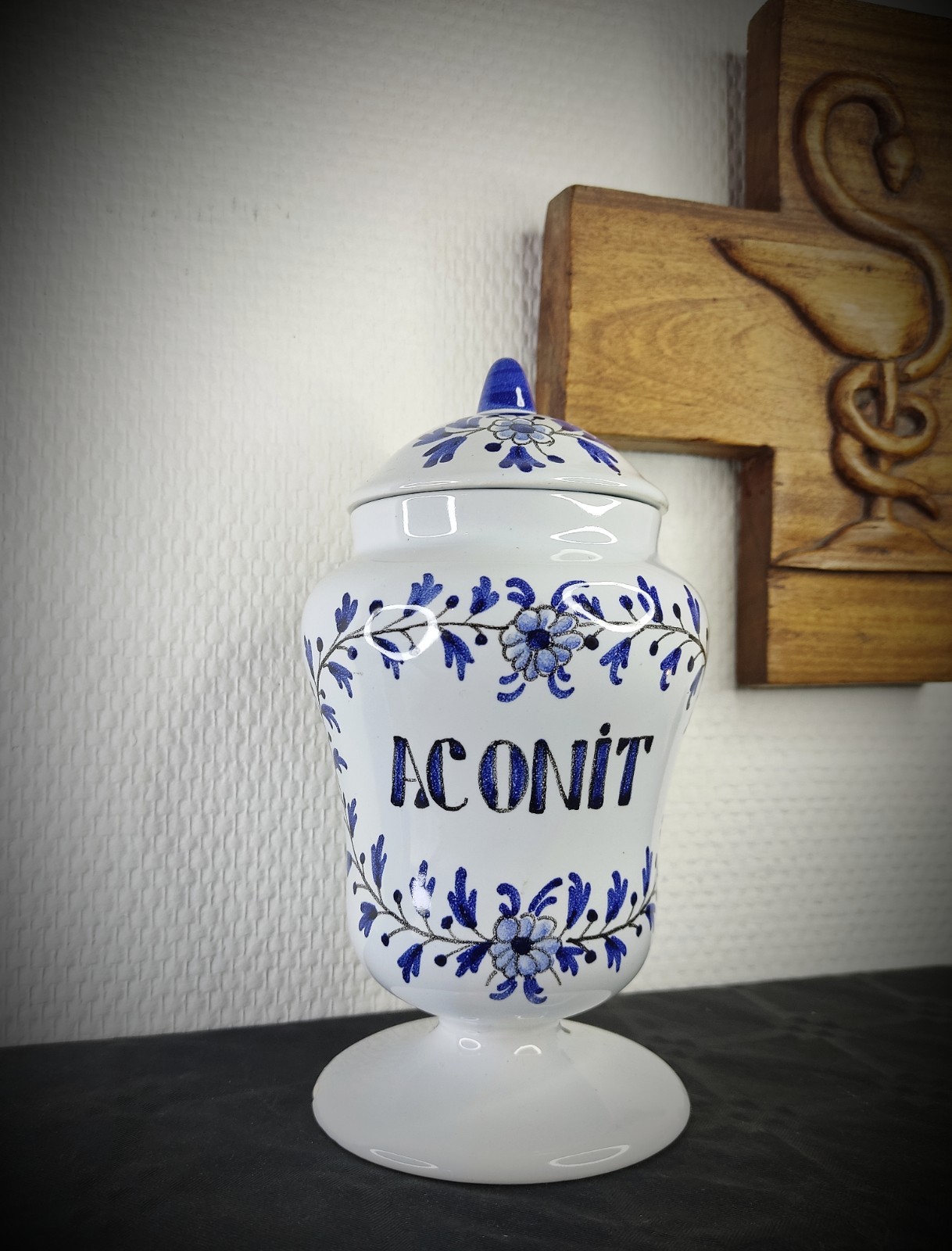 Vintage French earthenware "ACONIT" apothecary jar Pharmacy Faience pot