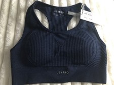 USA Pro Seamless Crop Top Padded Sports Bra Gym Training NEW NAVY UK 12