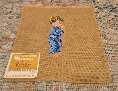 Vintage Needlepoint Canvas Preworked Paragon Praying Boy Child Nightime Prayers