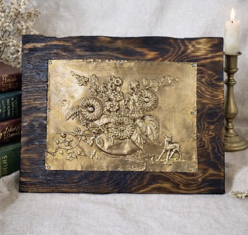 Vintage Copper Hammered Wood Mounted Deer Flowers Handcrafted 11 x 8 3/4