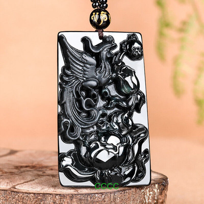 Black Myanmar Jade Phoenix Pendant Necklace Natural Burmese Jadeite
