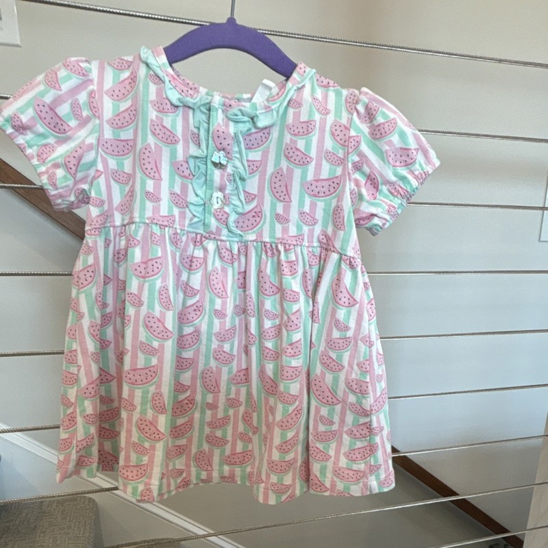Ishtex Watermelon Print A-Line Dress 3 Pink Green Puff Sleeve Knee Length