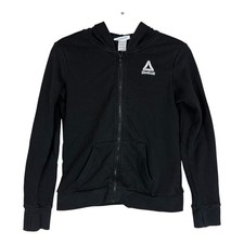 Reebok Hoodie Sweatshirt Kids 10-12 Black Full Zip Fleece Logo Thumbholes