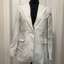 Mango Americana 100Mauro Womens Size XS White Navy Pinstripe Linen Blazer New