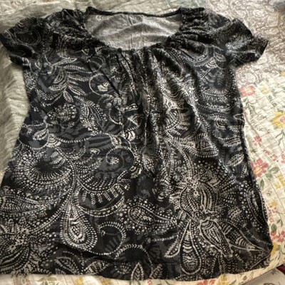 a.n.a Women's M Black/Gray Paisley Scoop Neck Ruched Knit Cap Sleeve Top