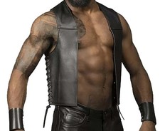 Men's Real Leather Bartender Vest Laces Up Leather Vest Front Open Leather Vest