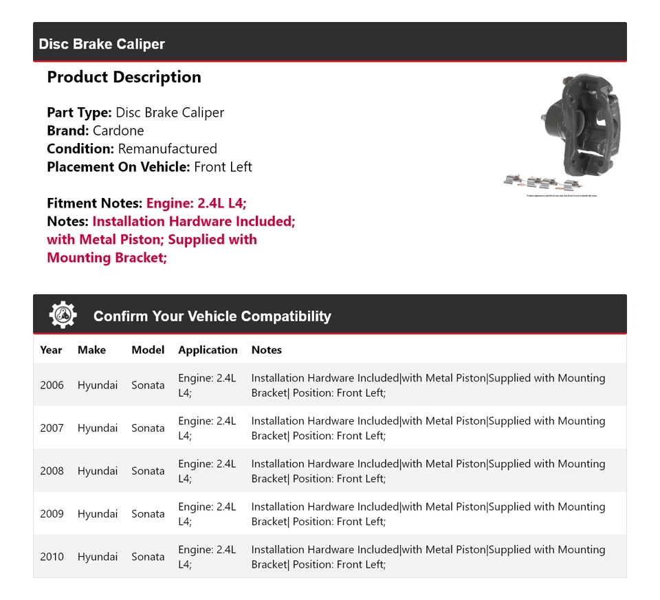 Pinza de freno de disco delantera izquierda Cardone 2007 para Hyundai Sonata 2006-2010 2,4 L L4 Foto 2 de 4